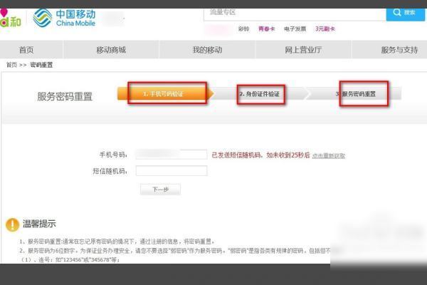 如何重置移动服务密码？