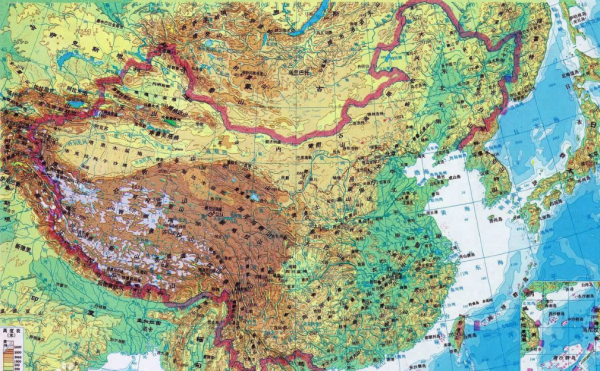 中国地理地形分布图和各地的海拔高度？