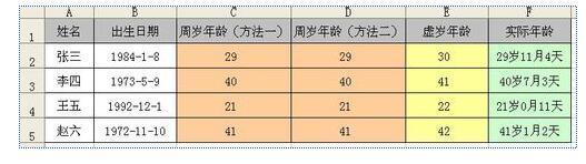 在exce来自l中如何计算周岁、虚岁以及实际年龄?