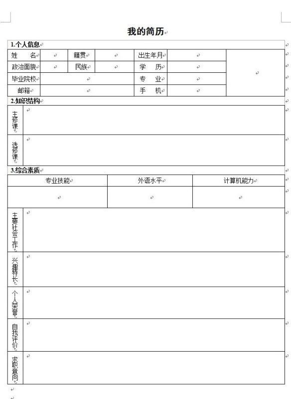 急求个人简历空白表格