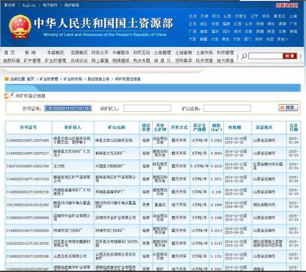 中国国土资源局采矿许可证查询C3610002014107310136791