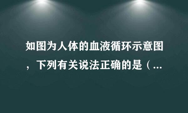 如图为人体的血液循环示意图，下列有关说法正确的是（  ）A．当血液流经①时，血红蛋白与氧分离B．当血液流经②后，血液由鲜红变成暗红C．图中虚线为体循环路径，实线为肺循环路径D．若②为小来自肠，则血液流经②后，静脉血变成动脉血