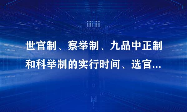 世官制、察举制、九品中正制和科举制的实行时间、选官方来自式和选官标准是什么？急急急！不要复制的！1