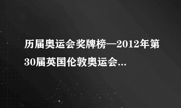 历届奥运会奖牌榜—2012年第30届英国伦敦奥运会奖牌排行榜